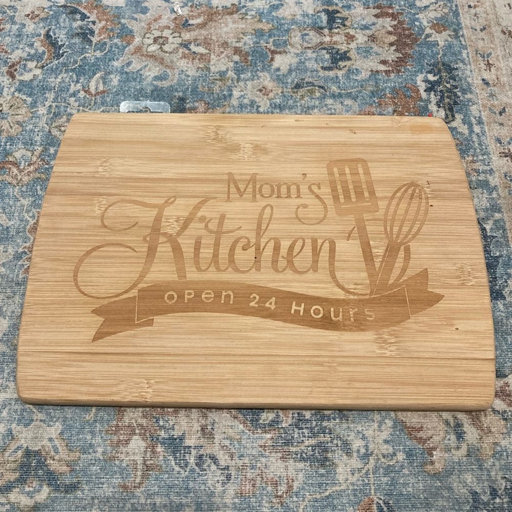 HOMEMADE Wood laser engraved cutting board Mom’s kitchen open 24 hours 14”x10”